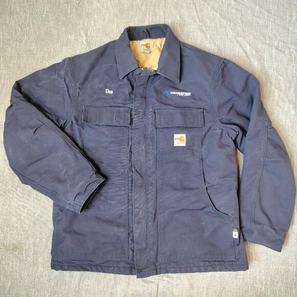 Carhartt Flame Resistant Jacket Navy Large Quilt Lined Canvas Cat4 Traditional